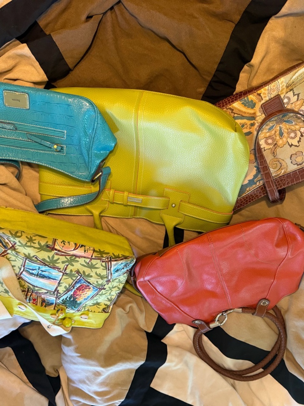 Lot of 5 Multi-Color Women’s Leather Tote - Green, Teal, Coral Accents